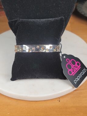 paparazzi Silver Star Cuff Bracelet with Amber Iridescent Rhinestones
